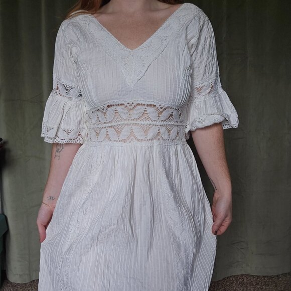 True Vintage 60's Mod Western Bridal Coastal White Cotton Lace Maxi Summer Dress - Picture 15 of 16